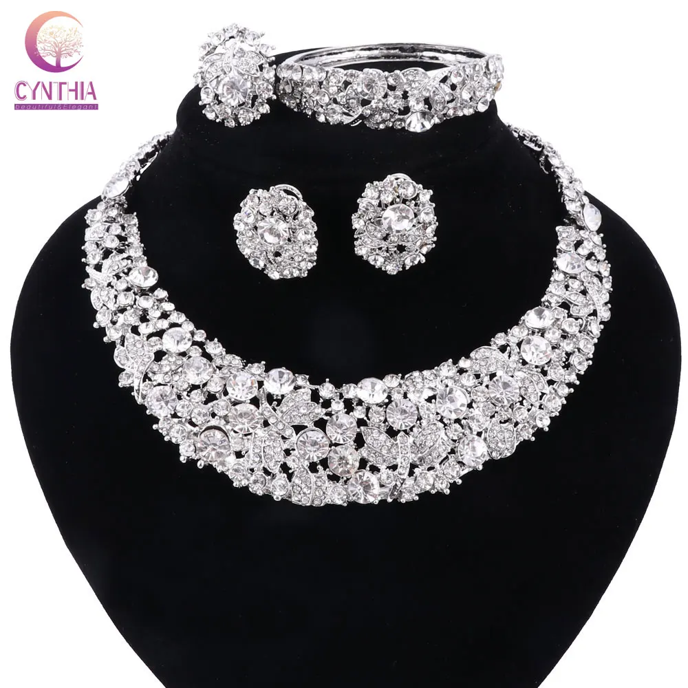 Women white crystal jewelry sets with earrings statement necklace boho Trendy necklace for party wedding Direct Selling 1