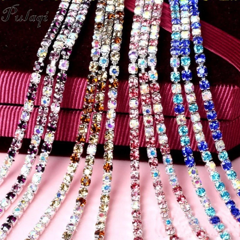 

Pulaqi Fine Mixed Color AB Rhinestone Claw Chain Silver Encryption Claw Diamond Chain Diy Silver Base Apparel Rhinestone Chain D