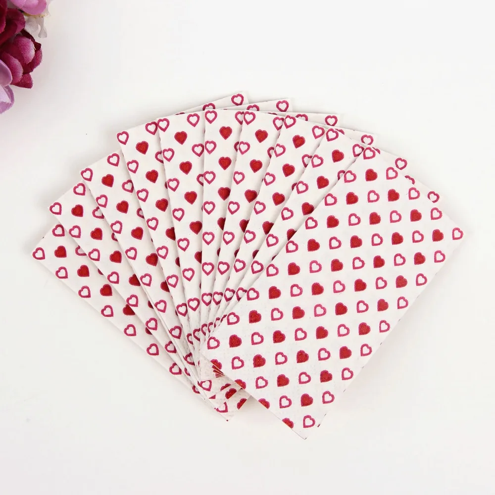 Free Shipping 10pcs 3 Layer Small Red Heart Wedding Pocket Paper Napkins for Decoupage Wedding