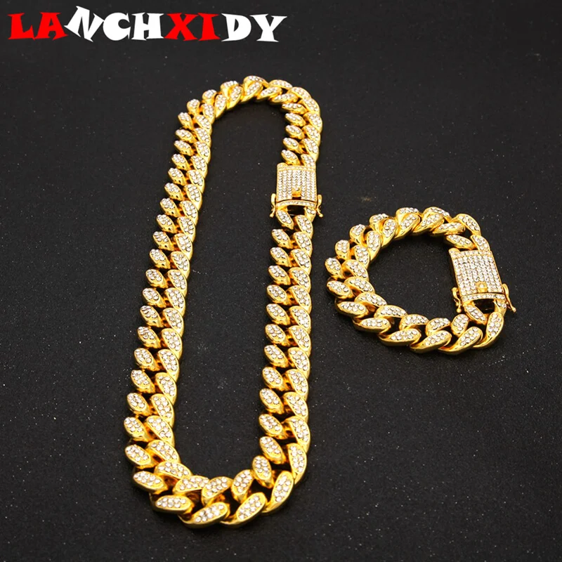 Online Completa con incrustaciones de zircon de Miami cubano collar + pulsera 12mm de ancho hebilla de mariposa de cristal de Venta caliente de los hombres de hip hop marea joyería de la marca