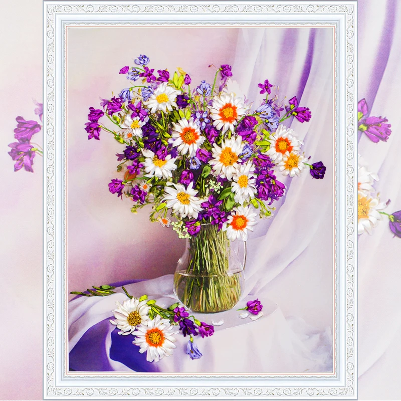 

3D Flower Vase Silk Ribbon Embroidery kits Daisy Bouquet Needlework Painting Craft Supply DIY Handmade Cross Stitch Craft C-0269