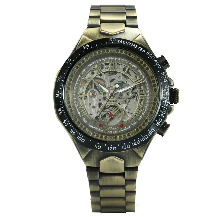 WINNER официальный Винтаж Мужские часы Лидирующий бренд Роскошные автоматические механические часы с скелетом медный стальной Ремешок Модные наручные часы - Цвет: COPPER BLACK
