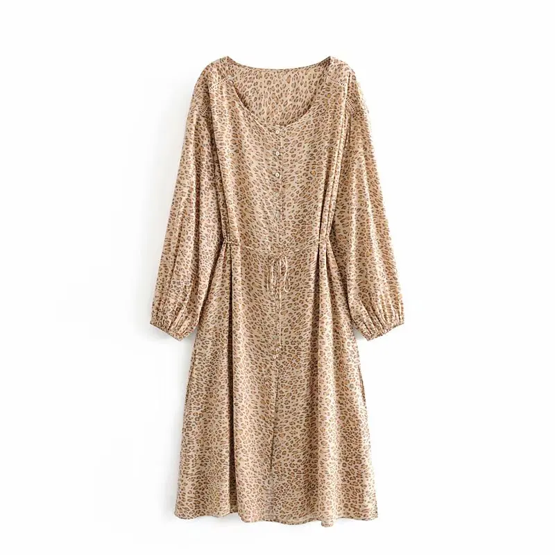Vintage women leopard loose dress summer beach ladies fashion kimono button dresses party elegant girls split dress chic - Цвет: khaki leopard