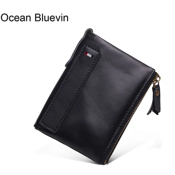 

OCEAN BLUEVIN Hot New Men's Leather Wallet Anti-RFID Brushed Leather Men Short Wallet Casual Fashion Double Zipper Short Wallet