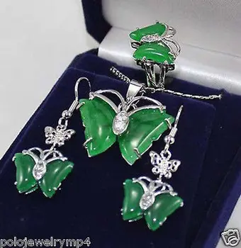 

Jewelry butterfly green Natural stone pendant Necklace earrings ring Set>AAA GP Plated gold Bridal wide watch wings queen JEWE