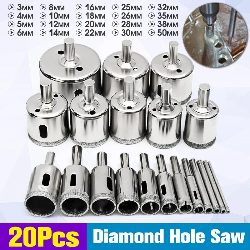 Doersupp 20Pcs 3 50mm Diamond Drill Bits Set Hole Saw Cutter Tool Glass