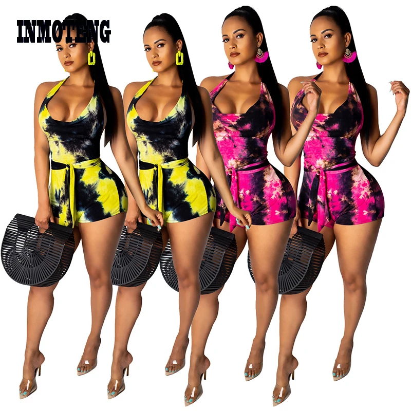 

INMOTENG Women Sexy Halter Neck Sleeveless Open Back Tie Dyed Mulit Color Print Playusuit Party Club Short Jumpsuit With Belt