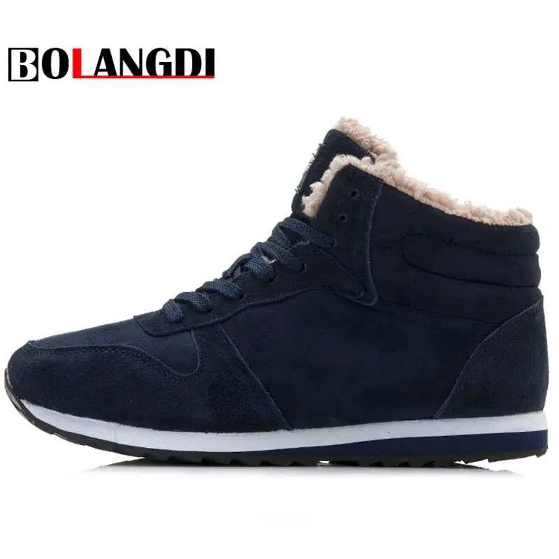 baratas Bolangdi Tênis de Marca Das Mulheres Dos Homens De Inverno de Couro Genuíno Botas Quentes de Pelúcia Ao Ar Livre Unisex Sapatos de Desporto Tênis de Corrida Confortável