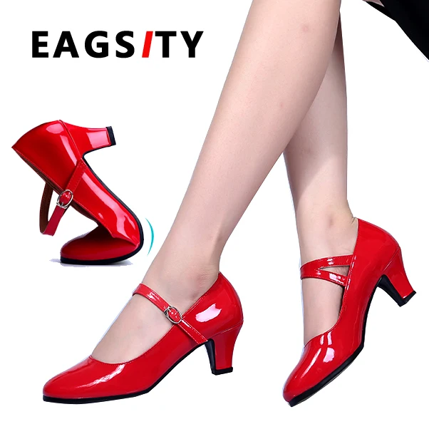 EAGSITY Patent leather Mary Jane shoes kitten heel women high heel
