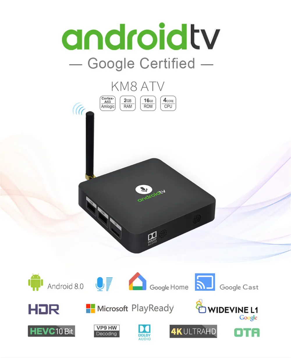 

Newest MECOOL KM8 Android 8.0 TV Box Google Voice Control Amlogic S905X 2GB 16GB VP9 HDR10 Dolby Audio 4K HD Smart Set Top Box