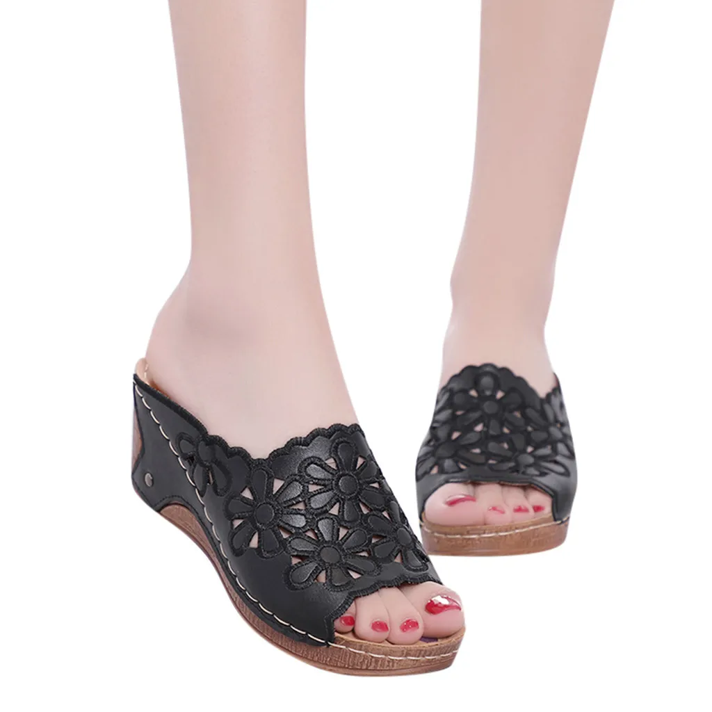 SAGACE/женская модная повседневная обувь на толстой платформе и высоком каблуке с вырезами; тапочки; Летние нескользящие легкие повседневные Тапочки - Цвет: Черный