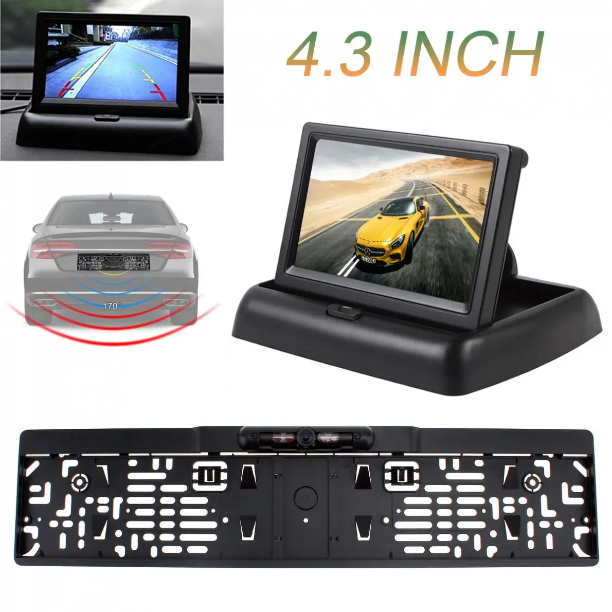 

4.3 Inch Foldable Car Monitor TFT-LCD Display Car Parking Assistance with 4 IR Light EU Car License Plate Frame Rear View Camera