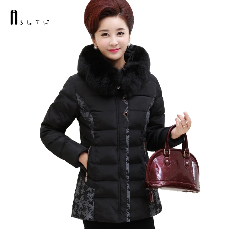 

XL-5XL Winter Jacket Women Plus Size Solid Color Padded Jacket Women Coat Fur Collar Middle-age Women Parka J299