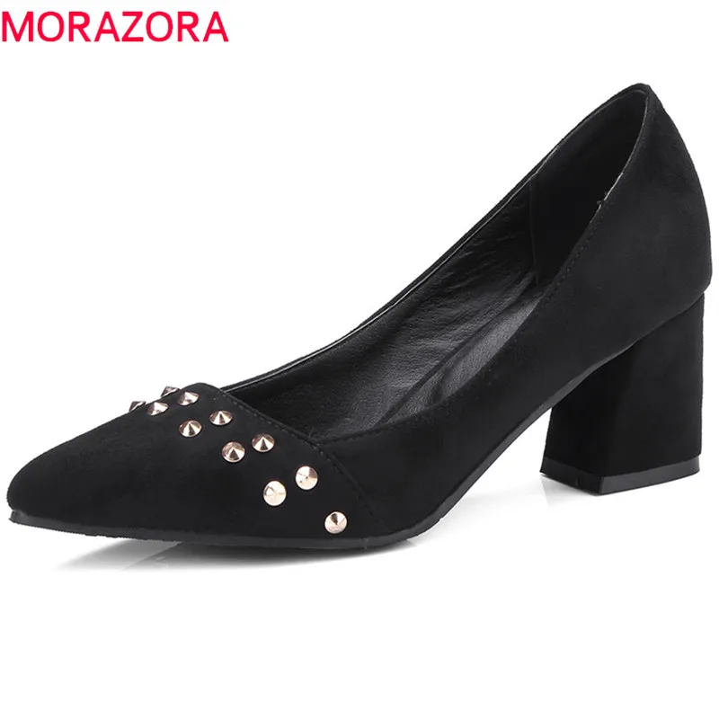 

MORAZORA 2020 new women pumps spring summer fashion punk rivet simple shallow pointed toe comfortable flock high heels shoes