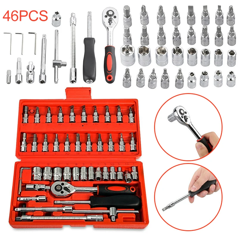 

46pcs 1/4 Inch Car Repair Tool Ratchet Wrench Drive Socket Set Socket Wrench Set Household Mend Set