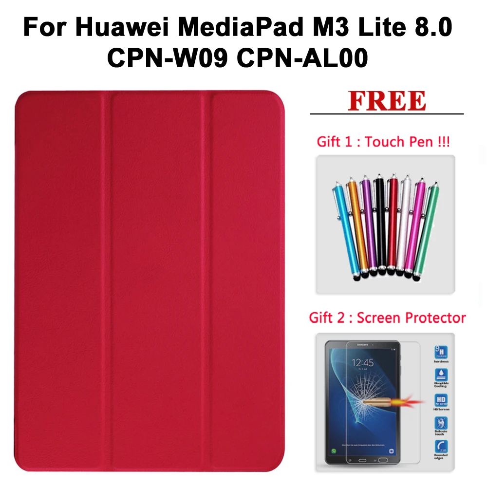 Защита экрана стекло+ чехол для huawei MediaPad M2 8,0/Медиа Pad M3 8,4/M3 Lite 8,0/M3 Lite 10,1 PU кожаный чехол - Цвет: M3 Lite 8.0 hong