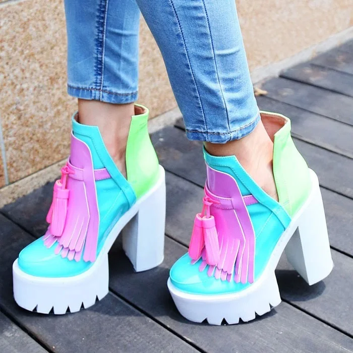 

Colorized Round Toe Fringe Chunky Heel Platform Women Dress Pumps European Style Nightclub Pactchwork Bling Square Heel Shoes
