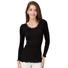 Чистый шелк Женская бесшовная футболка с длинным рукавом Женская Облегающая рубашка топ модная облегающая женская кружевная Шея