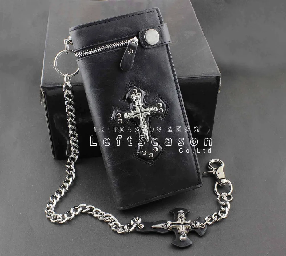

Men's Punk Skulls Cross ID Card Money Black Leather Zipper Wallet With A Chain