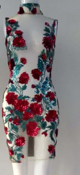 

Red Blue Sequined Embroidered Mesh Tulle Lace Fabric 2019 New Design Evening Dress Net Fabrics French African Net Sequins Lace