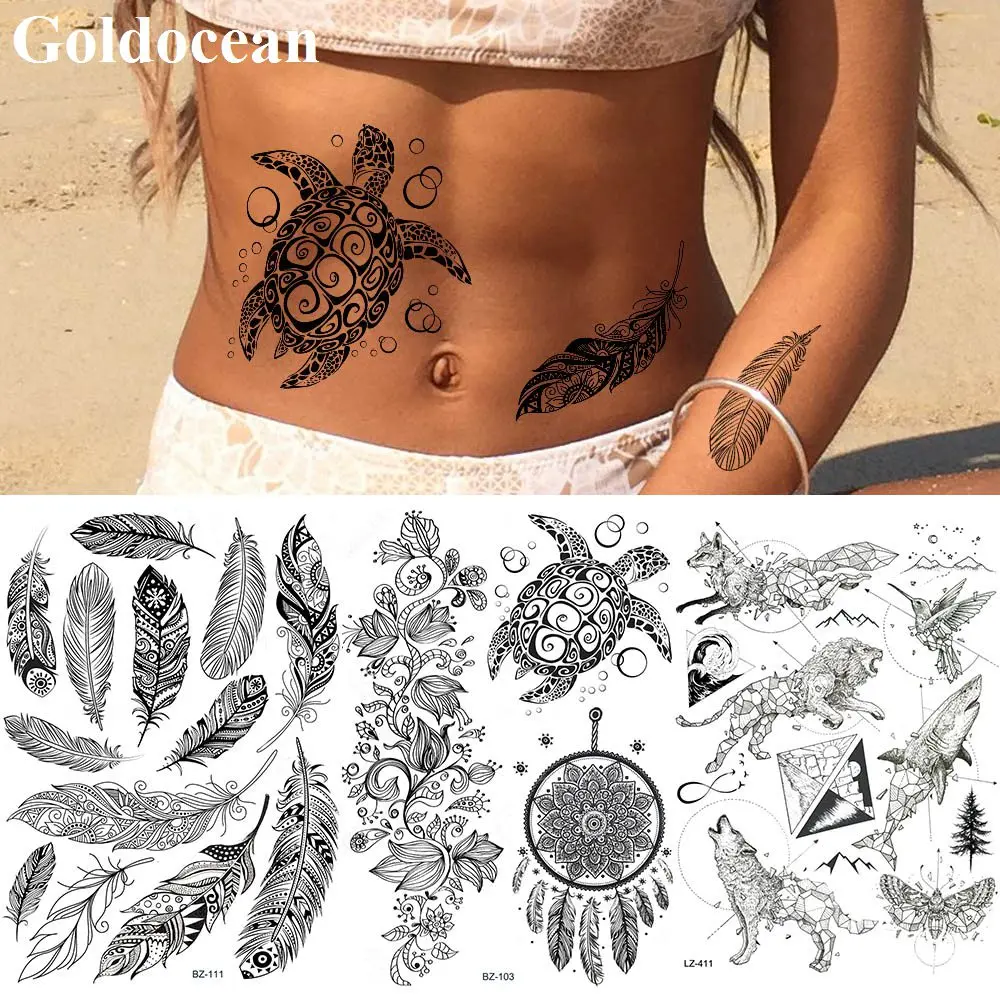 

GoldOcean Black Lace Dream Catcher Turtle Tattoo Stickers Fake India Feather Tatoos Temporary Waterproof Waist Animals Tattoo
