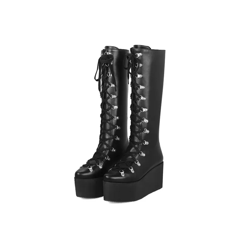 ASUMER/черные модные ботинки до середины икры осенне-зимние ботинки на платформе с круглым носком классические женские ботинки для выпускного вечера с перекрестной шнуровкой размера плюс - Цвет: Черный