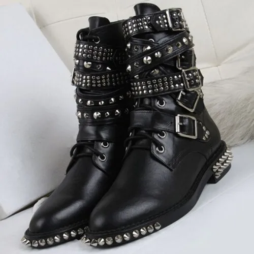 Botas militares con remaches para mujer, botines con cordones, estilo Punk,  Invierno - AliExpress Calzado