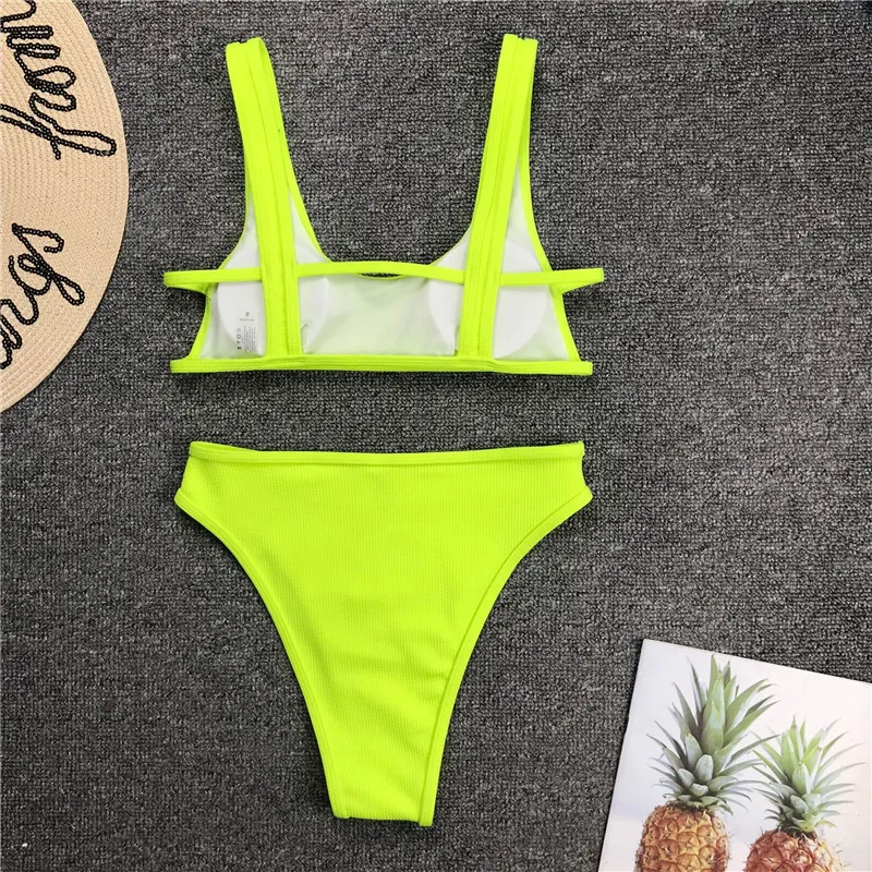 In-X High waist bikini Neon swimsuit female Ribbed swimwear women Bathing suit Sports bikini Beach wear Two-piece suit new