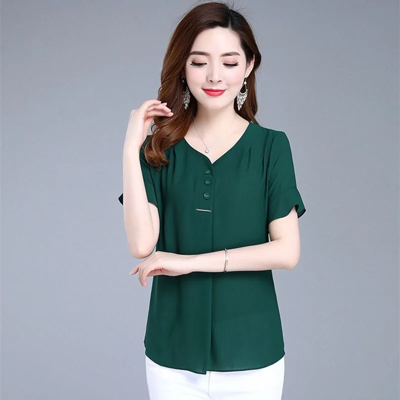 

Women Spring Summer Style Chiffon Blouses Shirts Lady Casual Short Sleeve V-Neck Red Green Blusas Tops DF2776