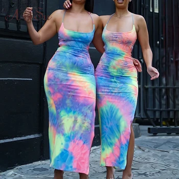

ArtSu Rainbow Printed Bodycon Maxi Dress Women Halter Dresses Summer 2019 Femme Criss Cross Backless Sexy Club Dress ASDR60089
