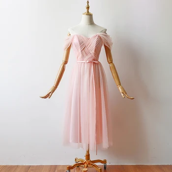 

Pink Color Knee-Length Dress for Wedding Party for Woman Sleeveless Boat Neck Bridesmaids Dresses Elegant Back of Bandage