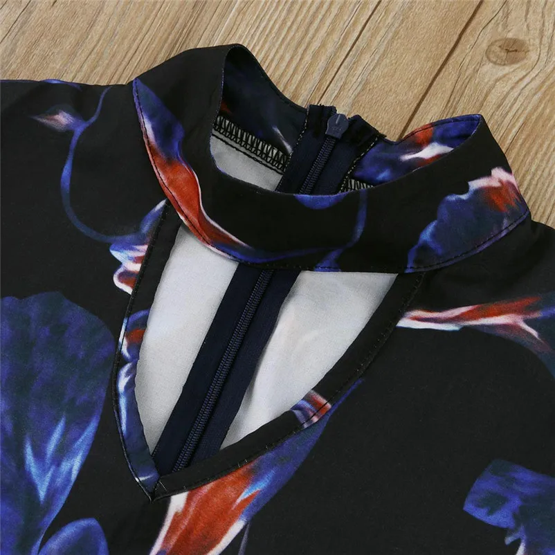 dress female loose of mini A-line casual dark blue color and flower printed full sleeve summer beach dropshipping #F#40JY3114
