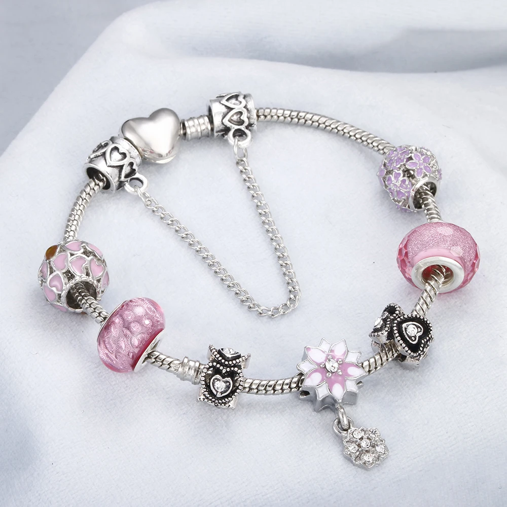 

Bracelet Charm Women Jewelry Pink Blue Crystal Beads Crown Butterfly Flower Pendant Silver Luxury Bracelets&Bangles Accessories