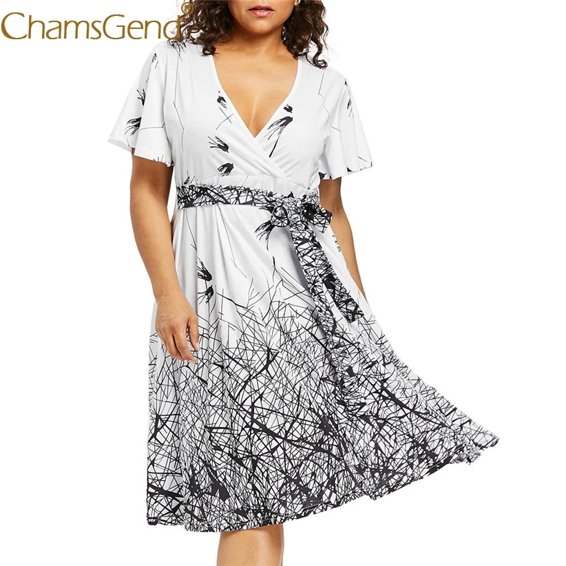 

Women Sexy V Neck Printing Short Sleeve Empire Tunic Loose Dress Woman Summer Plus Size Dresses XL,2XL,3XL,4XL,5XL 90506