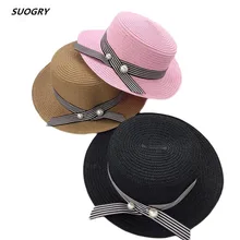 SUOGRY 2018 Fashion Lady Boater Sun Caps Round Stripe Flat Top Straw Fedora Panama Hat Summer Hats For Women Straw Hat ht915 women boater sun caps ribbon bow round flat top straw fedora panama hat summer hats for women white straw beach sun hats
