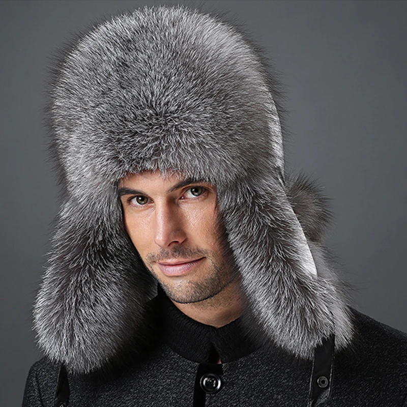 Winter hats with ear flaps Men Snow warm mink fur outdoors leather cap fox raccoon cotton