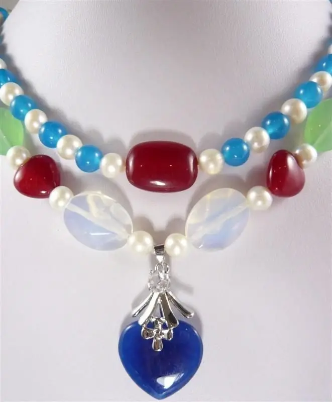 

Hot sale Free Shipping>>>>>Stunning! 2Strands White Pearl&Ruby&Topaz&Moonstones Necklace 17-18''