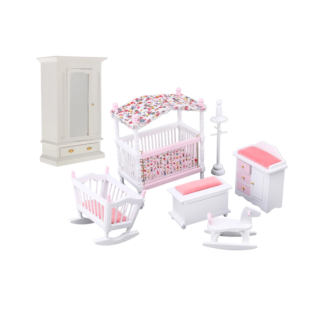 1/12 Dollhouse Miniature Wood Baby Bedroom Furniture Kit Bed Rocking
