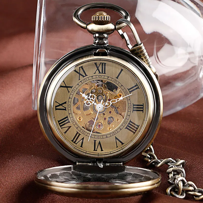 Бронзовые Автоматические Механические карманные часы для мужчин и женщин ретро выдалбливают вырезка римская цифра прозрачное стекло крышка брелок цепь подарок