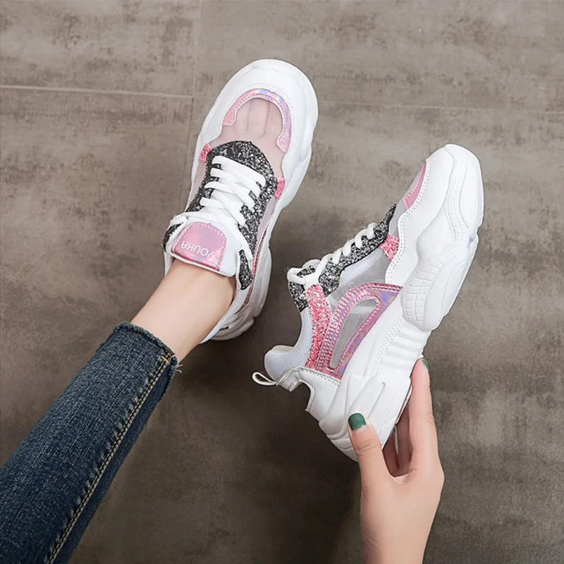 Women Summer Mesh Sneakers Breathable Bling Casual Shoes Vulcanized Female Lace Up Comfortable Casual Platform Shoes Ladies