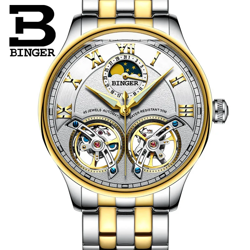 Уникальный дизайн, двойной турбийон Бингер, оригинальные мужские автоматические самозаводные деловые мужские механические наручные часы, черный кожаный ремешок - Цвет: 04