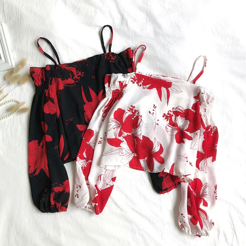 

Floral Blouse 2019 Chiffon Blouse Boho Clothing Crop Top Cold Shoulder Tops Korean Shirt Long Sleeve Summer Spring Blusas Tunic