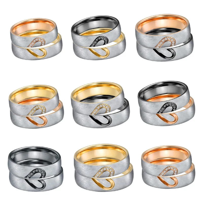 DIY Matching Alliances Heart wedding band men black gold silver color anniversary female Couple engagment rings for women (5)