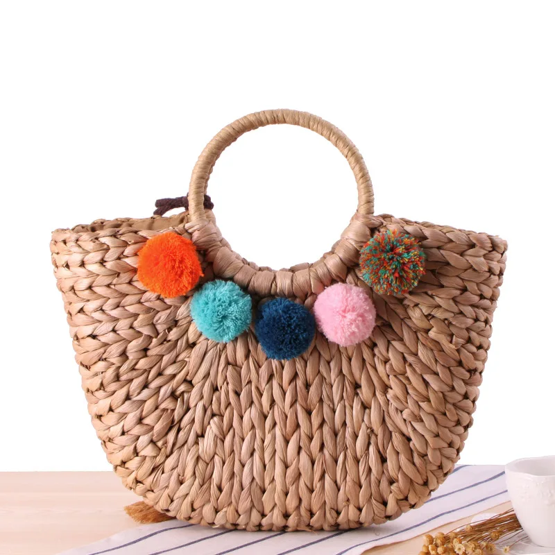 Pompon Women's Straw Hand Bag Large Shoulder Tote Bucket Summer Bags Women Tassel Rattan Bag Braided Bolsa Feminina C98