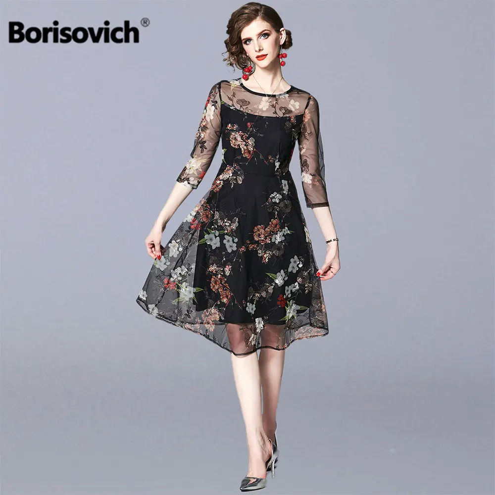 

Borisovich Women Summer Casual A-line Dress New Brand 2019 Fashion Luxury Floral Embroidery Ladies Elegant Party Dresses N1147