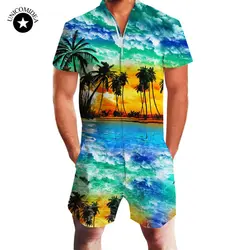 Летние комбинезоны мужские 3D Palm Tree Print короткий рукав комбинезон моды комбинезон пляжные комбинезоны Slim Fit комбинезон рубашки и шорты