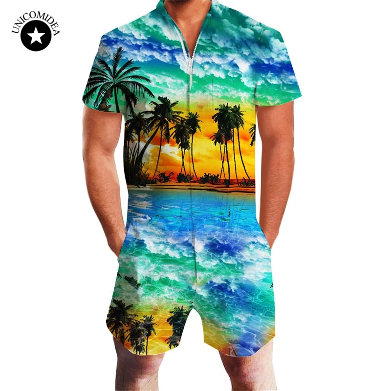 

Summer Rompers Mens 3D Palm Tree Print Short Sleeve Jumpsuit Fashion Playsuit Beach Overalls Slim Fit Jumpsuit Shirts Shorts