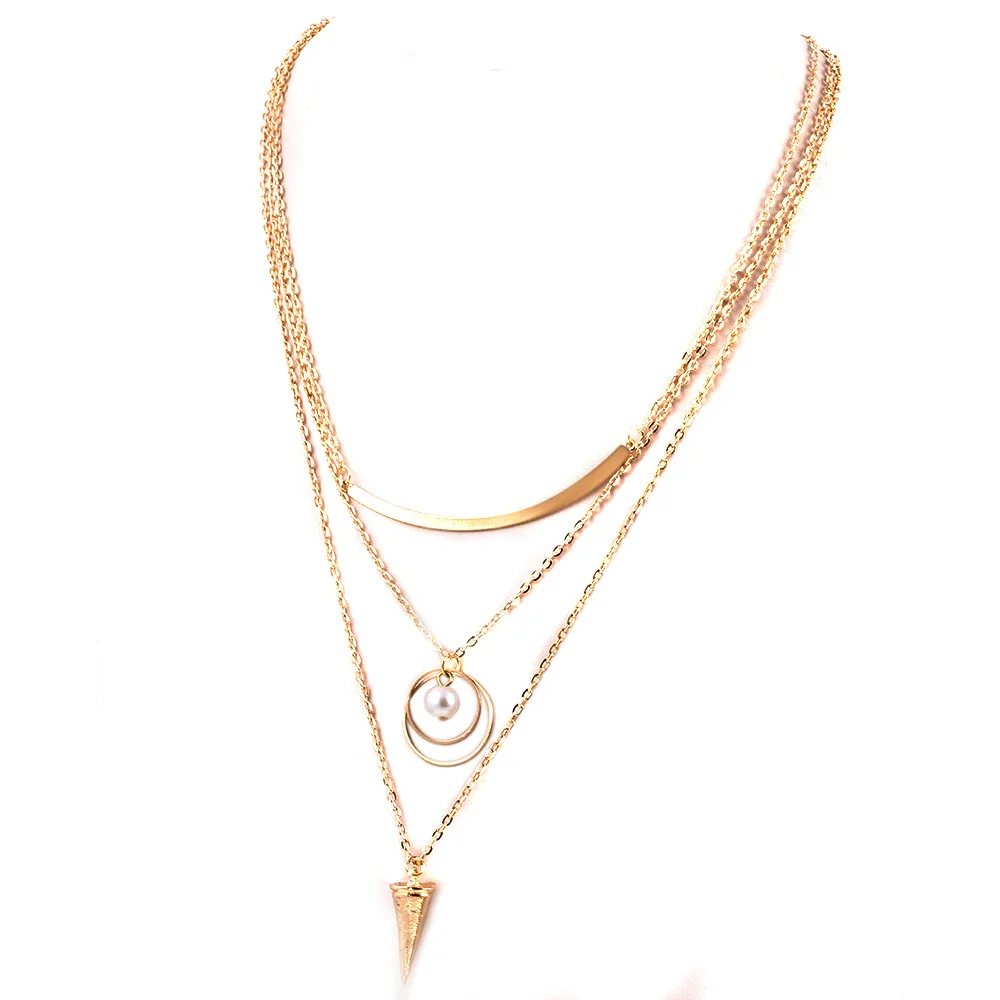 Gold Triangle Necklaces Women Simulated Pearl Round Circle Pendants