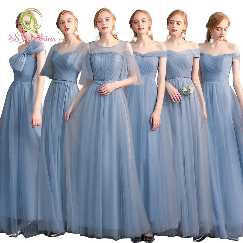 Женское Тюлевое платье SSYfashion длинное синее на шнуровке в пол для свадебной