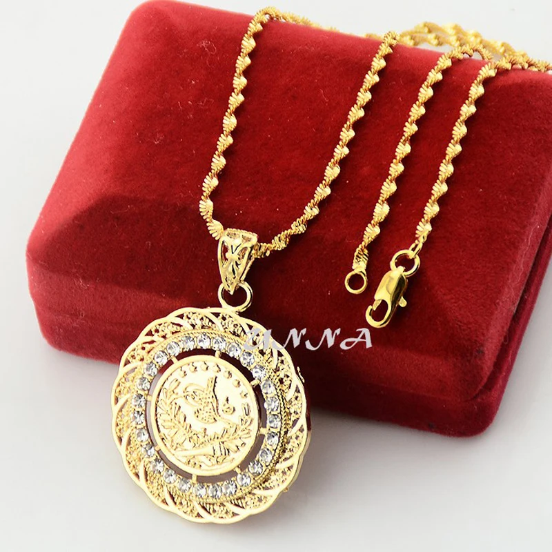 

Fashion Crystal Turkey Coin Pendant Jewelry Yellow Gold Filled Arab Pendant Necklaces Chains